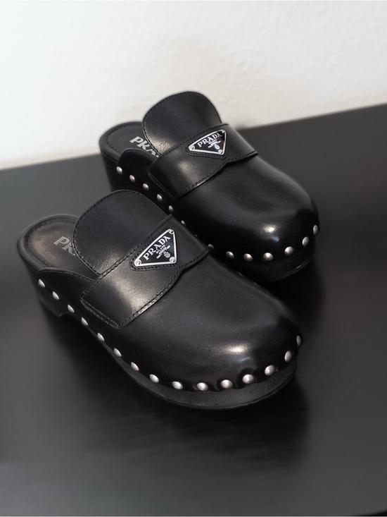 Prada Shoes - PRADA Mules Clogs Black Leather Studded Platform, Size 7 / EU 38